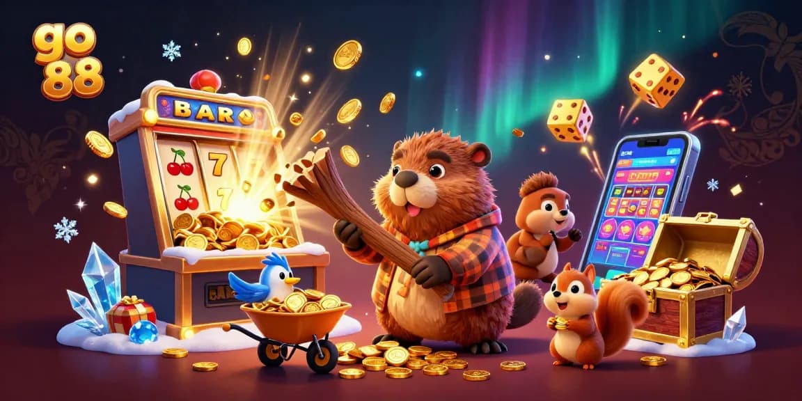 Experience the excitement of go 88 with vibrant slot machines and charming characters in a colorful casino scene.