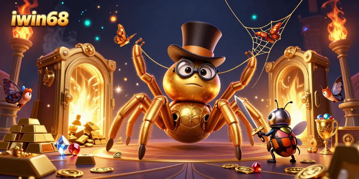 Engage with iwin68's dynamic casino world featuring a golden tarantula and beetle knight in a vibrant 3D scene.