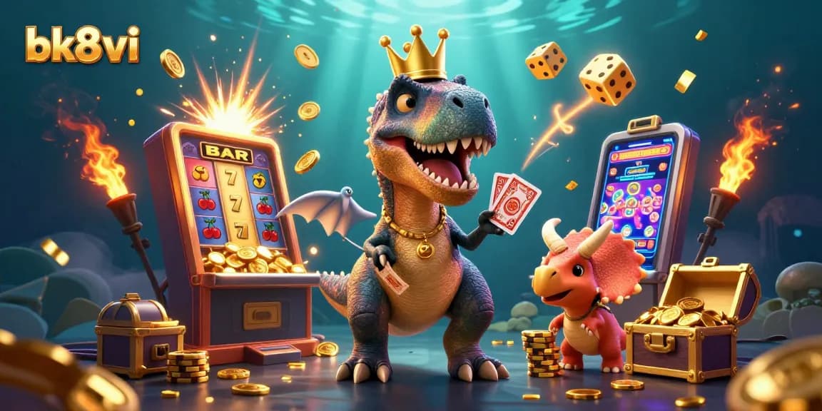 Experience exciting casino thrills with bk8vi, showcasing vibrant games and characters in a dynamic jackpot scene.