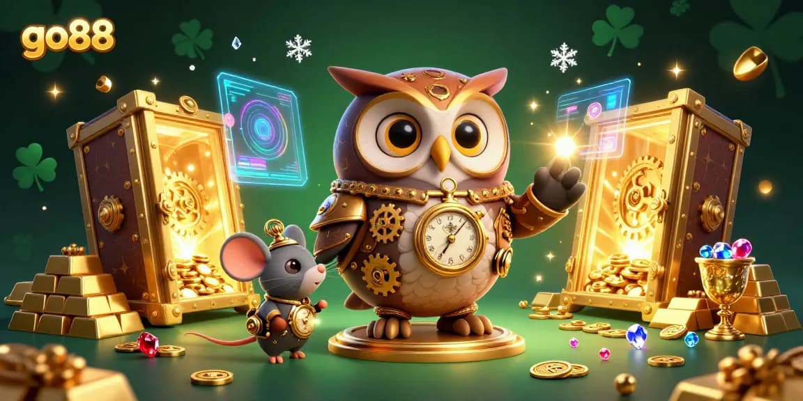Engage in exciting gameplay at go88, illustrated with cartoon owl and casino treasures.