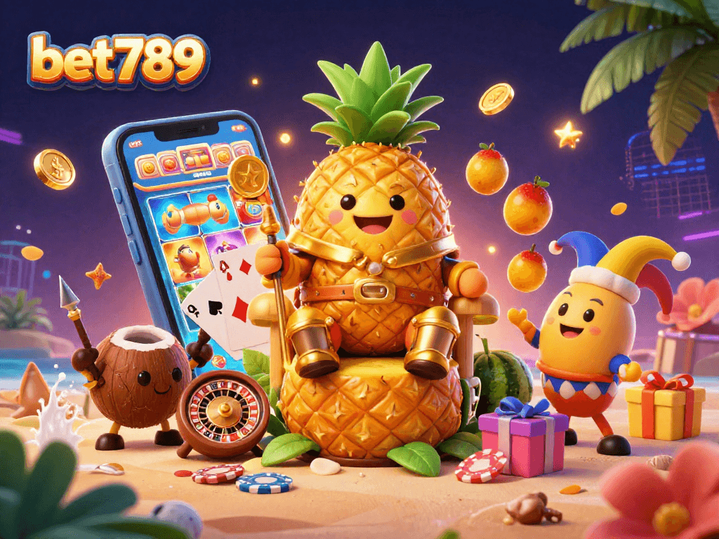 Engage with thrilling slot games at bet789 with a vibrant 3D party scene showcasing exciting casino elements.