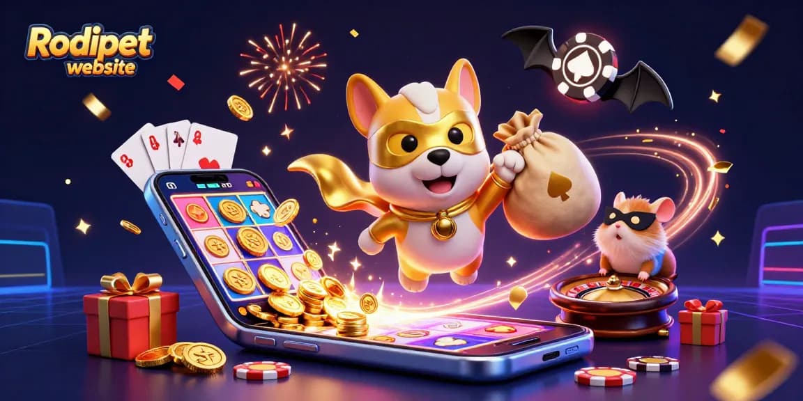 Engage with the Rodipet website in this dynamic scene of a superhero dog and hamster, featuring vibrant gaming elements.