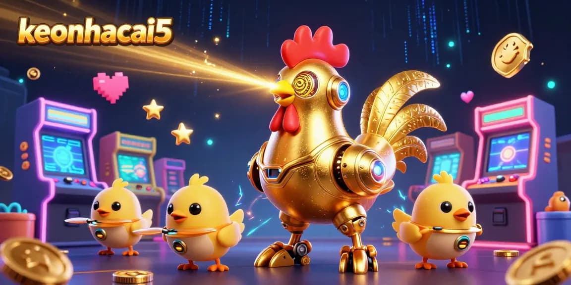 Experience thrilling betting with keonhacai5, featuring a golden rooster robot and gaming elements in a lively casino scene.
