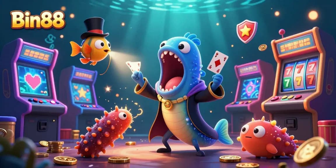 Engage with Bin88 as a bioluminescent eel performs card tricks amid a vibrant casino setting.