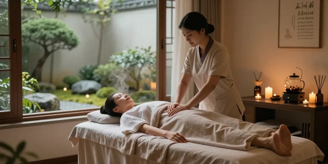 서울출장안마 therapy massage scene in a serene spa environment with calming decor.