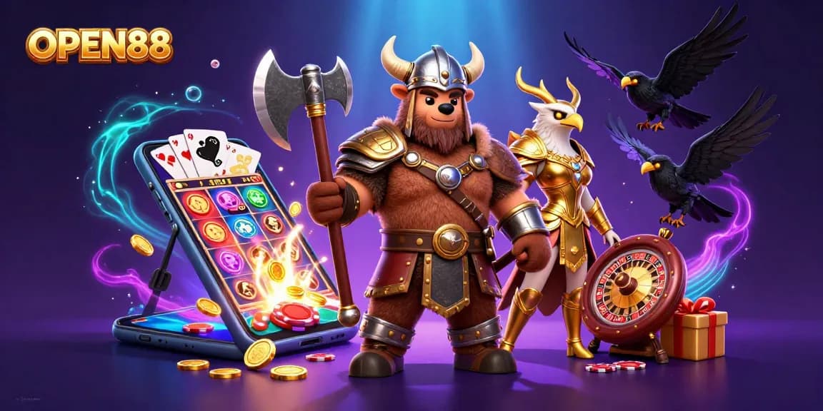 Engage with the exciting world of OPEN88, featuring a Viking bear, Valkyrie eagle, and dynamic casino elements.