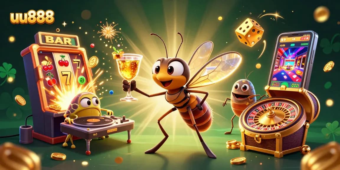 Enjoy an exciting moment at uu888 with a casino mascot, golden roulette wheel, and vibrant game elements.