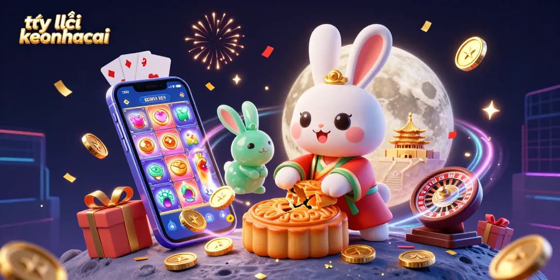 Experience the thrilling world of tỷ lệ keonhacai with festive moon rabbits and casino elements in an engaging 3D illustration.