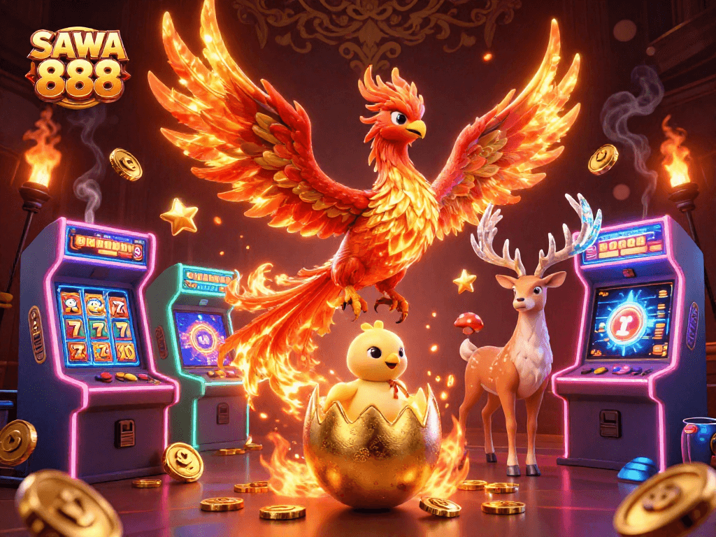 Play exciting slot games at SAWA 888 featuring vibrant phoenix and gaming elements.