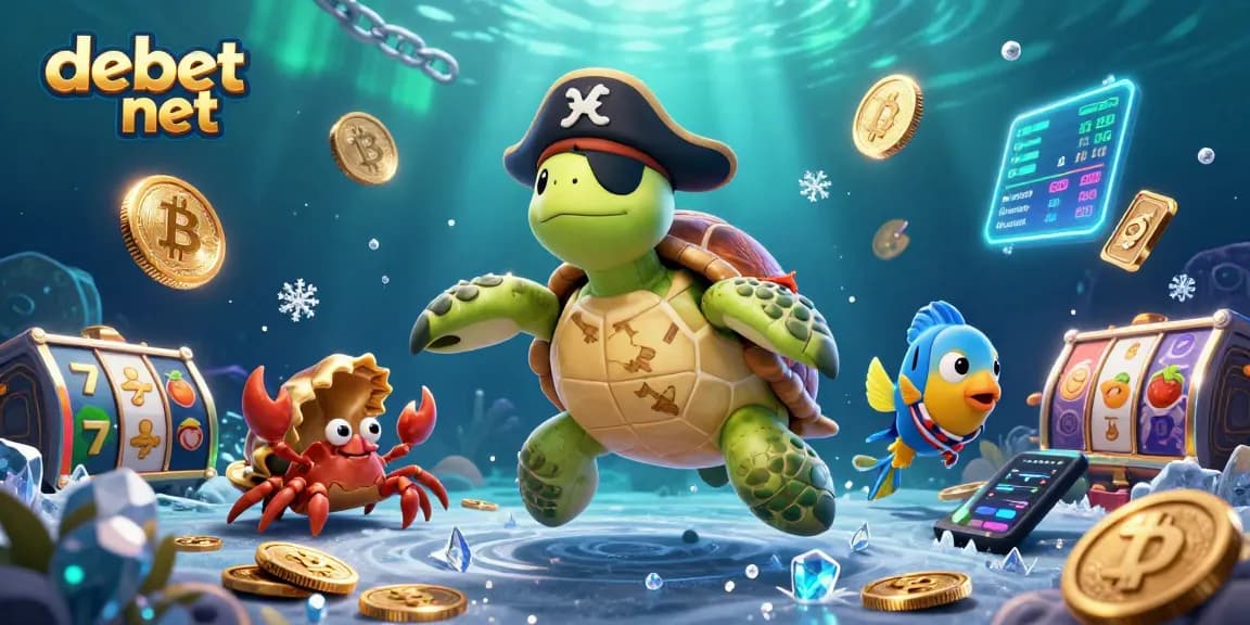 Engaging scene of debet net with cartoon pirate turtle, gold coins, and slot reels