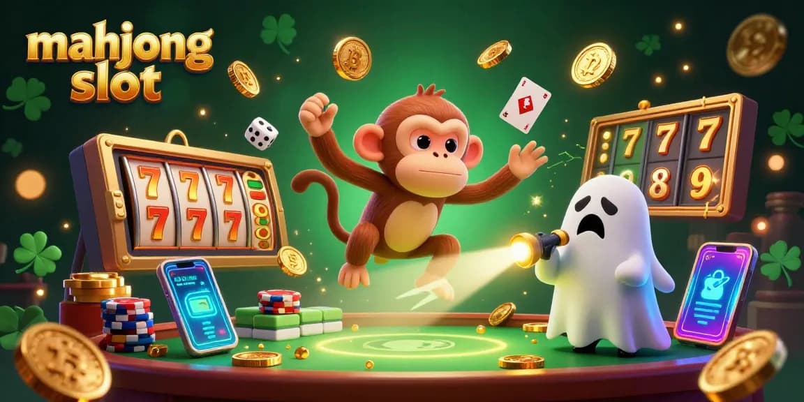 Engage with the exhilarating mahjong slot experience through a vibrant 3D illustration showing a playful monkey and ghost-hunter puppy.