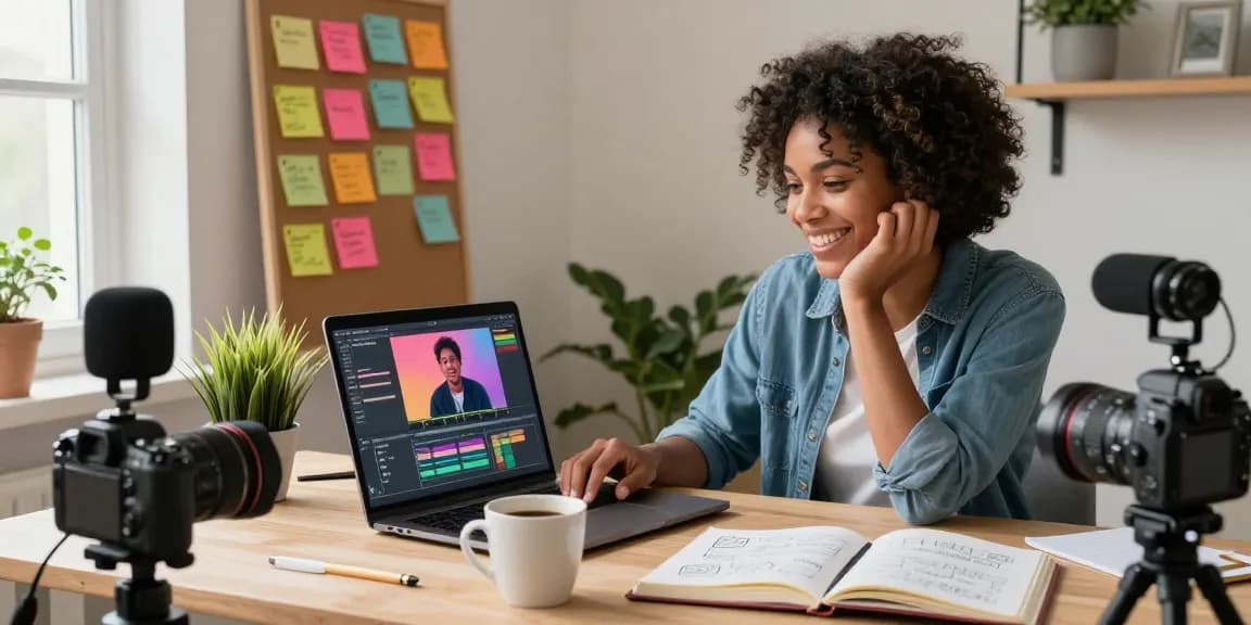 Content creator working on nsfw video editing in a vibrant home office.