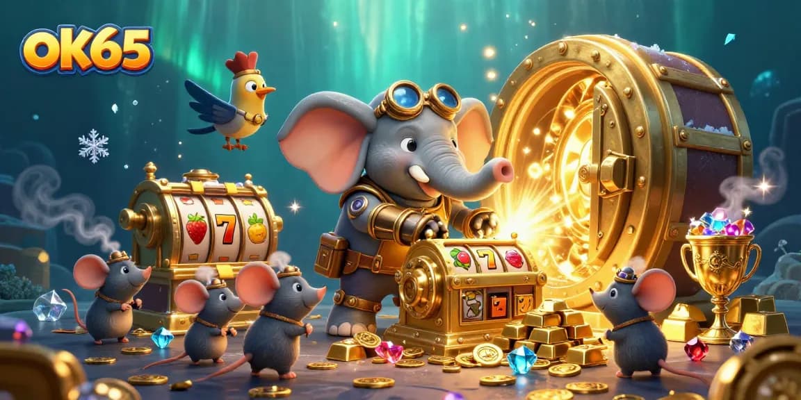 Engage with exciting slot machine action in the ok65-themed 3D casino illustration showcasing rich treasures and quirky characters.