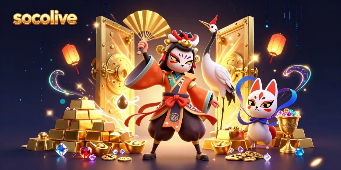 Socolive showcases a vibrant 3D illustration with kabuki warriors and golden treasures amid dynamic casino elements.