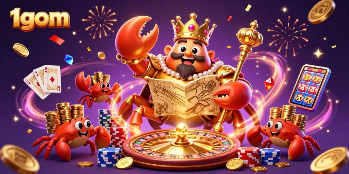 Experience thrilling wins at 1gom with a vibrant crab emperor in a dynamic casino scene.