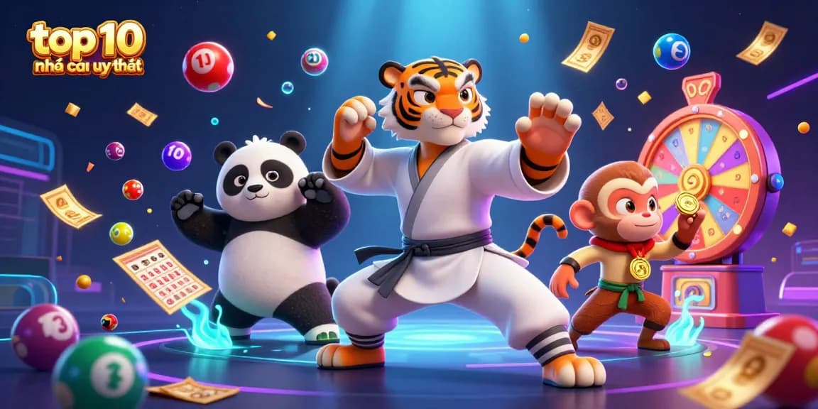 Engaging scene capturing the top 10 nhà cái uy tín with vibrant casino elements and fun characters.
