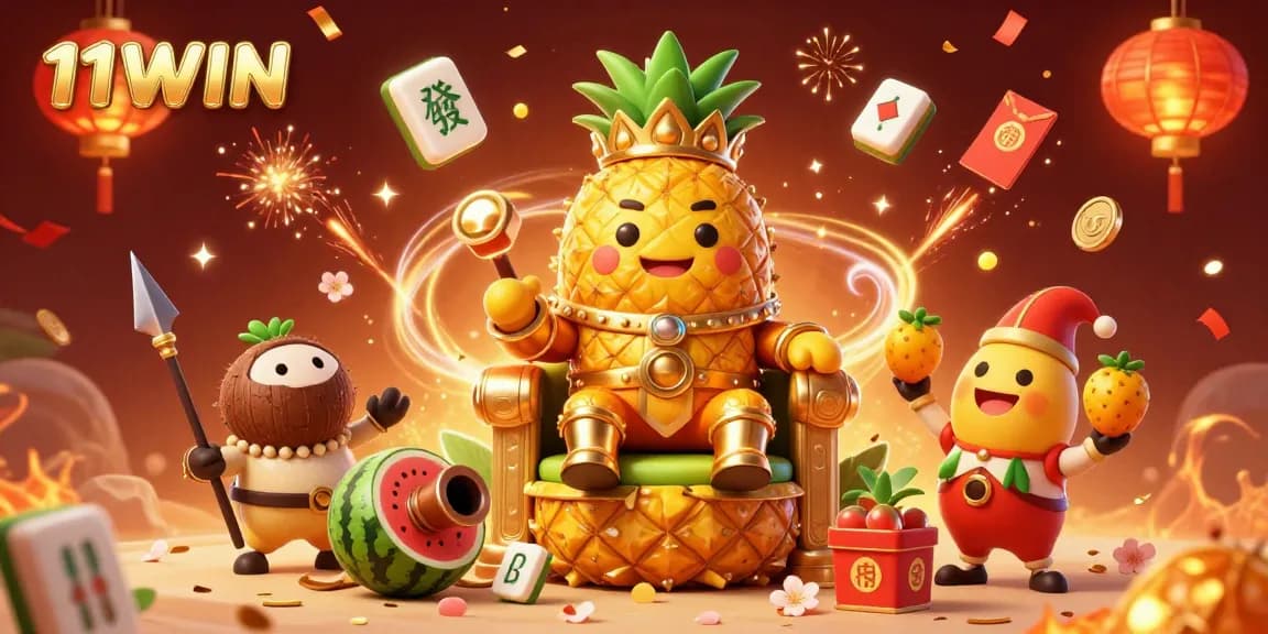 Experience the vibrant world of 11WIN with a cartoon pineapple king and lively casino elements!
