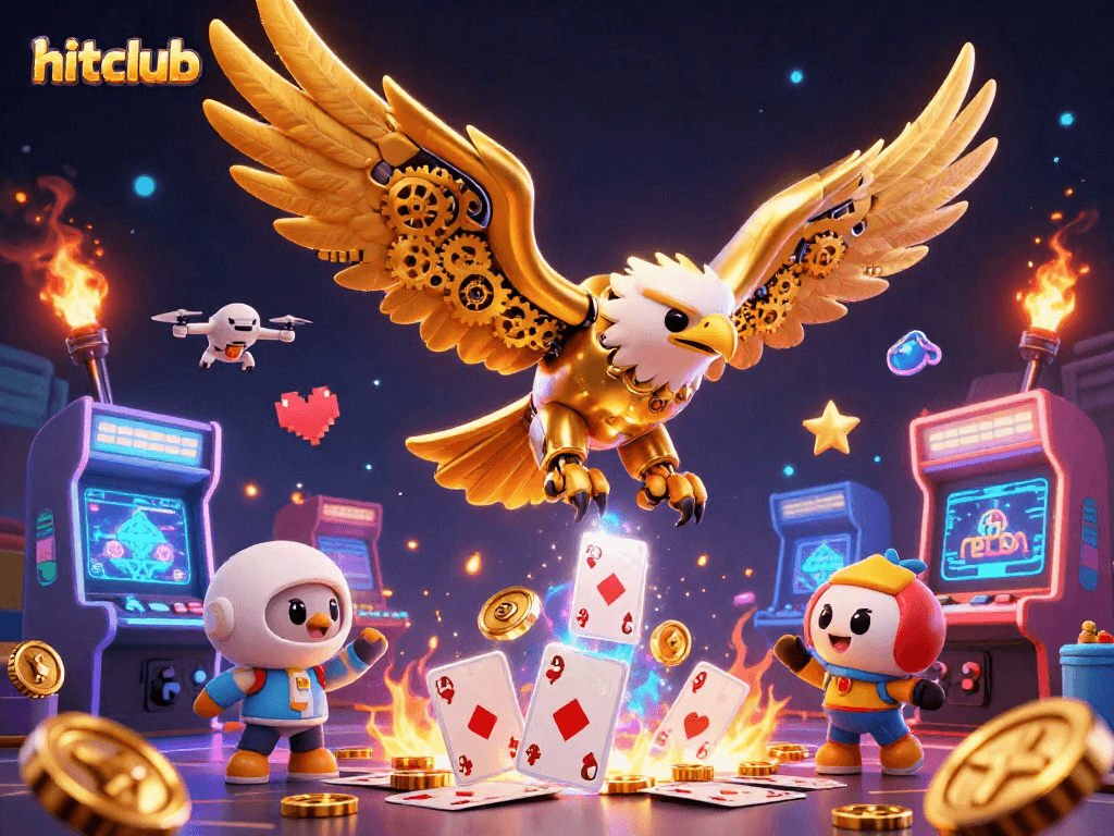 Engage with hitclub’s vibrant gaming world featuring a diving golden eagle and cybernetic drones.
