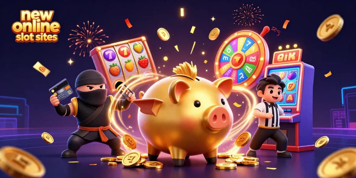 The scene showcases new online slot sites with dynamic gaming elements featuring a golden piggy bank sumo wrestler, wallet-ninja, and credit-card samurai.