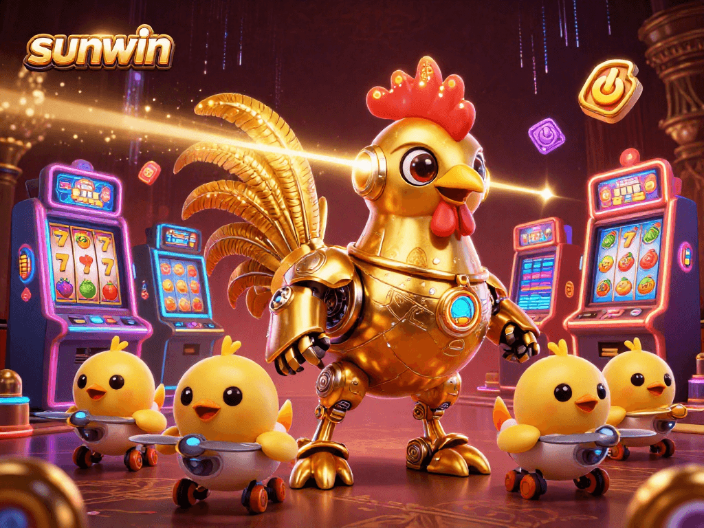Win big at Sunwin's online casino with a vibrant 3D illustration featuring a golden rooster and arcade games.