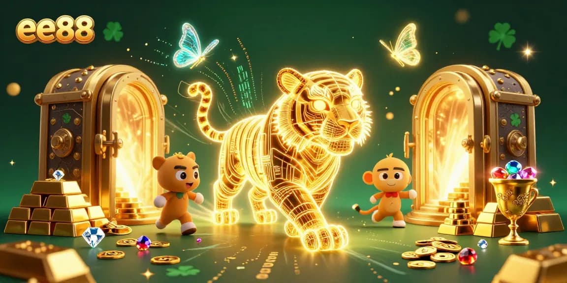 Experience excitement at ee88 with a neon tiger in a vibrant casino landscape filled with treasures.