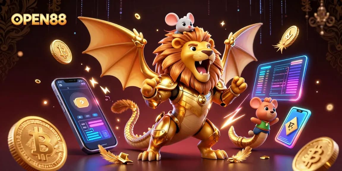 Experience the excitement of OPEN88 with a dynamic casino-themed 3D scene featuring a triumphant chimera and crypto elements.