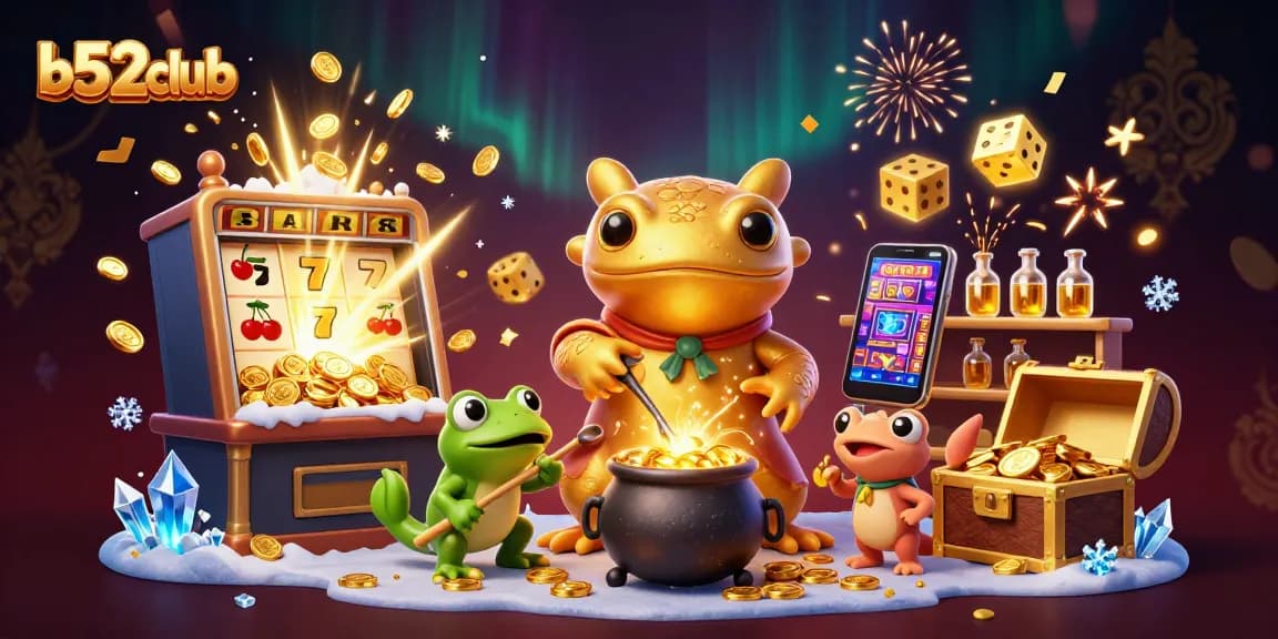 Experience the excitement of b52club with a vibrant casino scene filled with slots, gold, and magical alchemy.