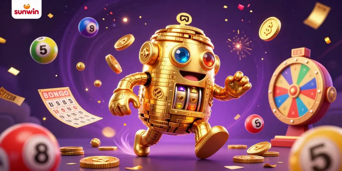Win with sunwin's golden golem surrounded by dynamic lottery elements and magical effects in a vibrant casino scene.