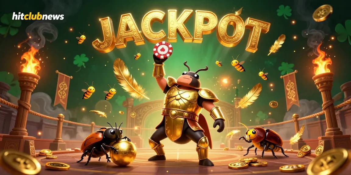 Hitclubnews showcases a winning moment with a heroic beetle lifting a poker chip amidst a vibrant casino scene.