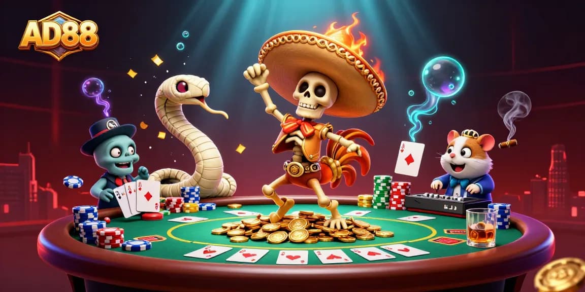 AD88 casino excitement with skeleton mariachi, mummy snake, and DJ hamster amidst poker chips and cards