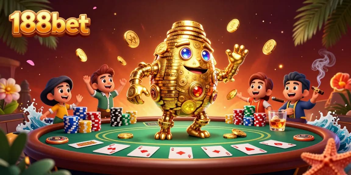 Engage in thrilling gameplay with 188bet, featuring a golden golem and poker action.