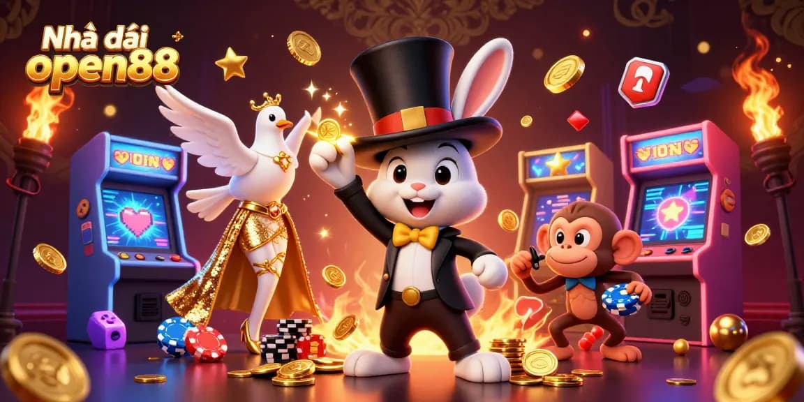 Experience the excitement of Nhà cái open88 with a magician rabbit, dove, and monkey in a vibrant casino scene.