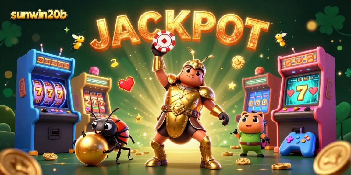 Experience excitement with sunwin20b in this vibrant 3D casino scene featuring gaming characters and dynamic slot elements.