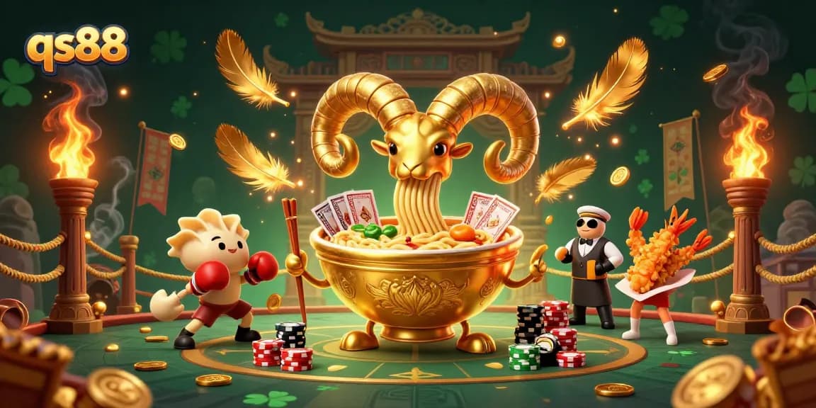 Engage and win big with qs88's vibrant casino-themed illustration featuring playful food characters.