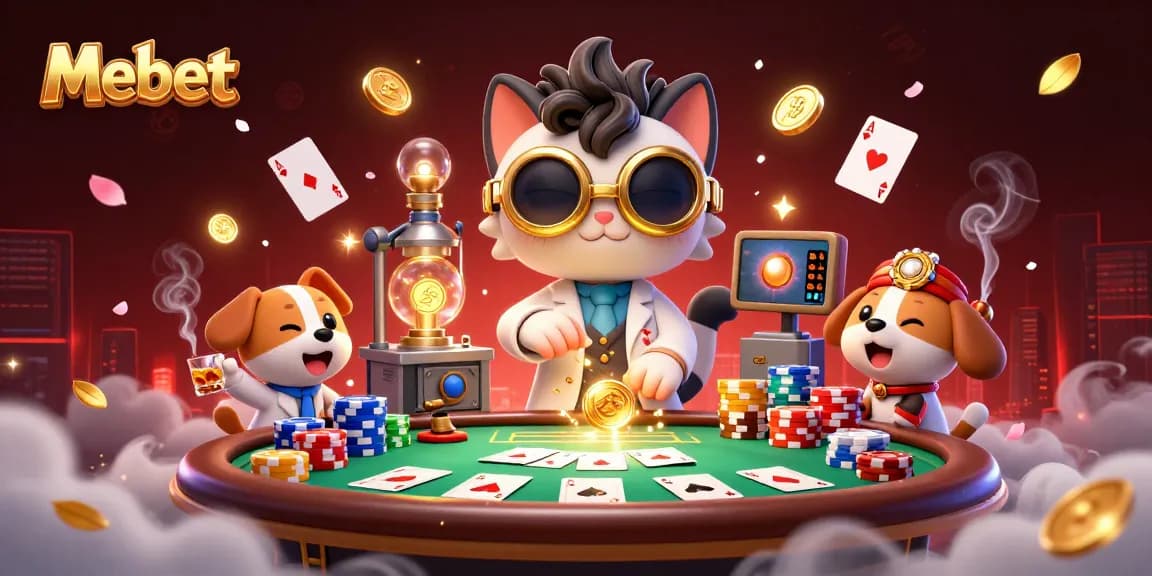 Engage with Mebet's vibrant scene showcasing exciting poker action and animated characters in a casino setting.