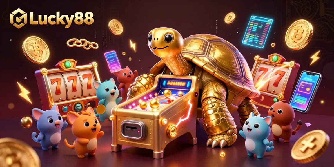 Experience thrilling gameplay with Lucky88, featuring a golden tortoise slot machine and vibrant crypto elements.