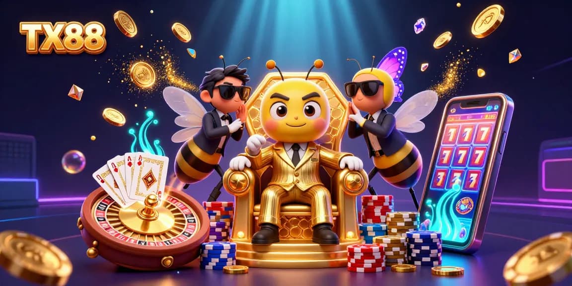 Engage with TX88 in a vibrant casino scene featuring a bumblebee mob boss and dynamic gaming elements.