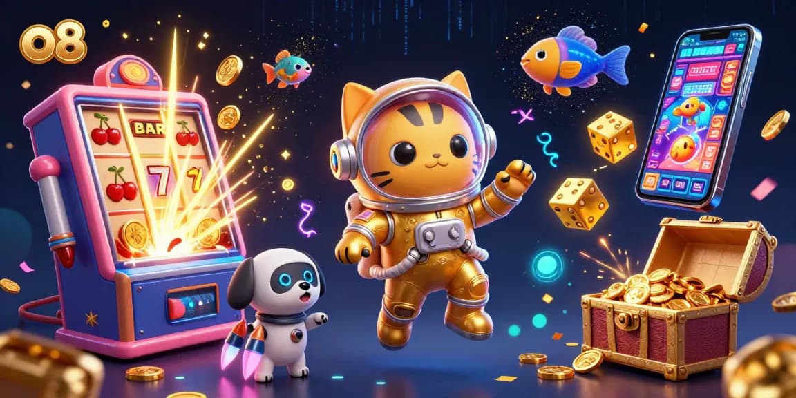 Win big with o8 at this vibrant casino scene featuring an astronaut cat and robot dog!