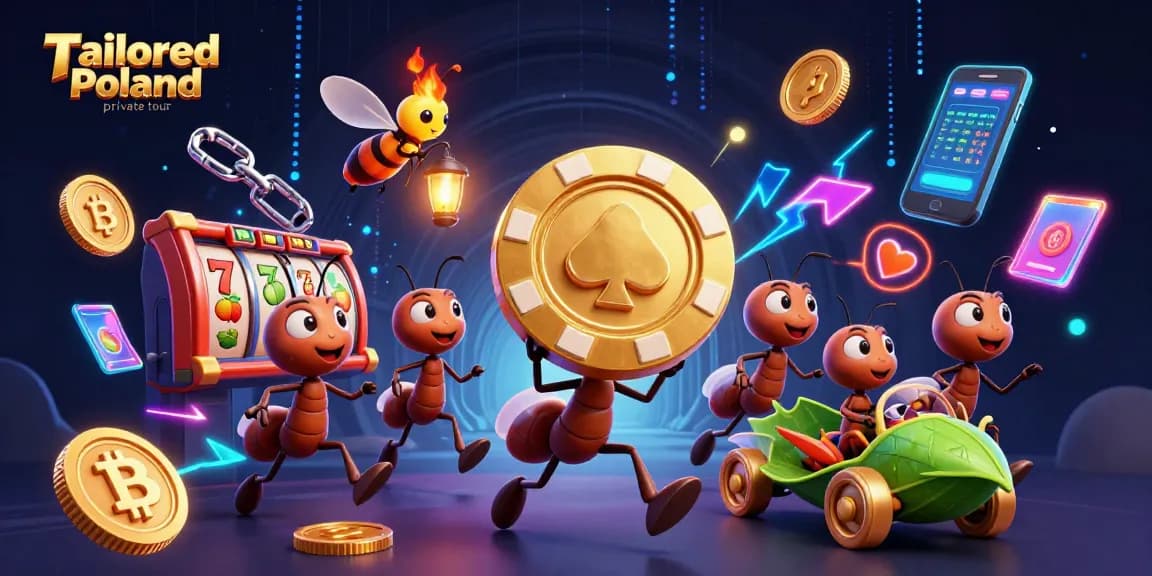 Engage in a Tailored Poland private tour adventure through a vibrant, animated heist scene full of casino elements.