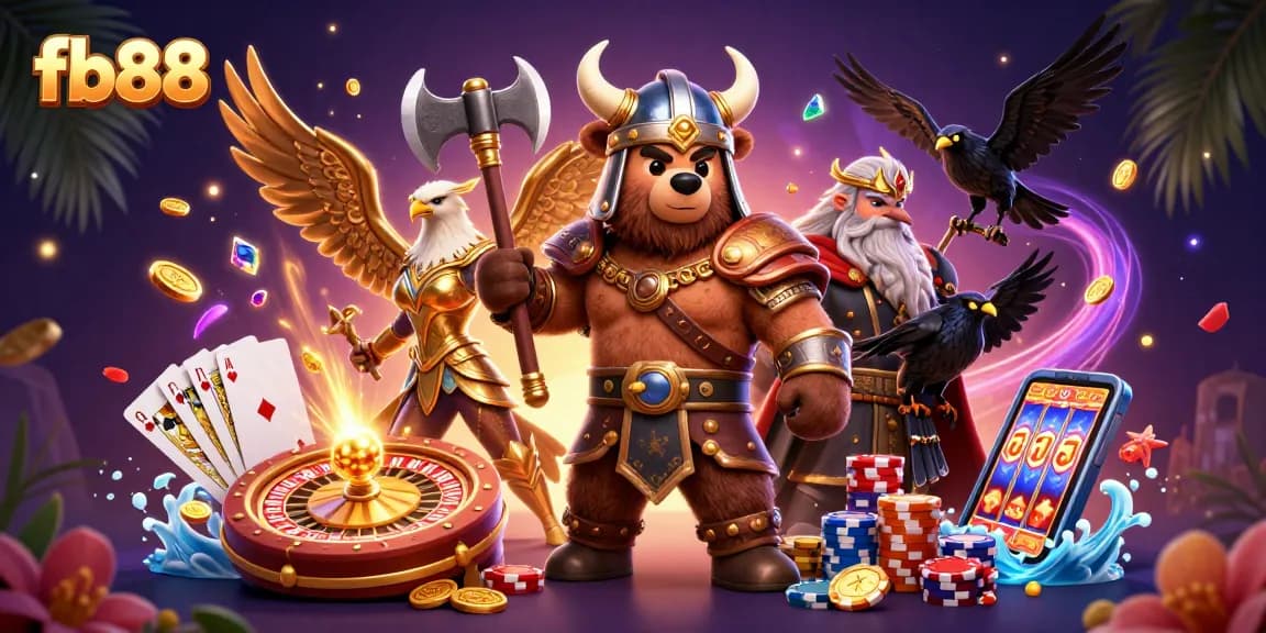 Experience the thrill of fb88 with a dynamic, action-packed casino illustration featuring iconic gaming elements.