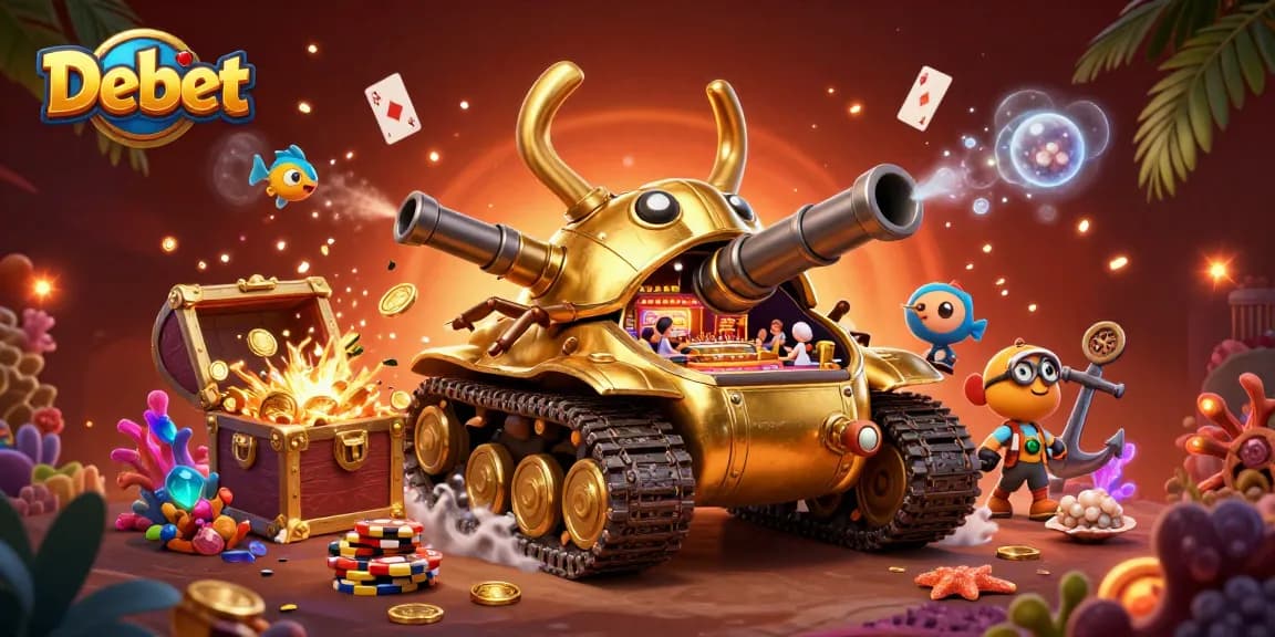 Engage in thrilling gameplay at Debet's vibrant underwater casino with gold treasures and confetti