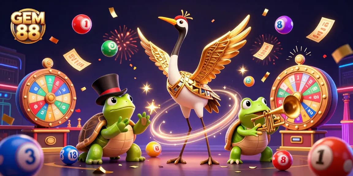 Win big with GEM 88 as colorful lottery elements and festive characters fill the scene.