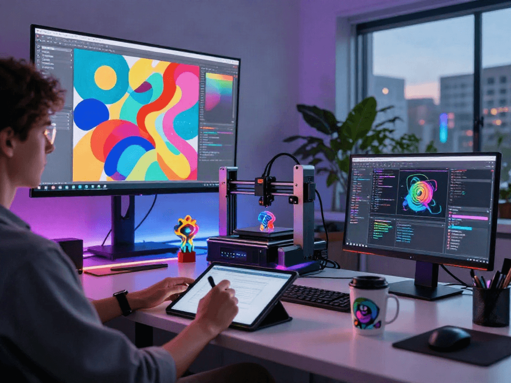 Artist creating generative art in a futuristic digital studio, exploring nsfw ai themes with vibrant colors and advanced technology.