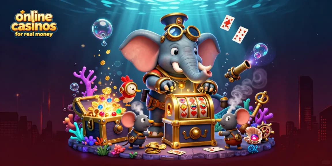 Explore online casinos for real money with steampunk characters amidst riches and vibrant effects.