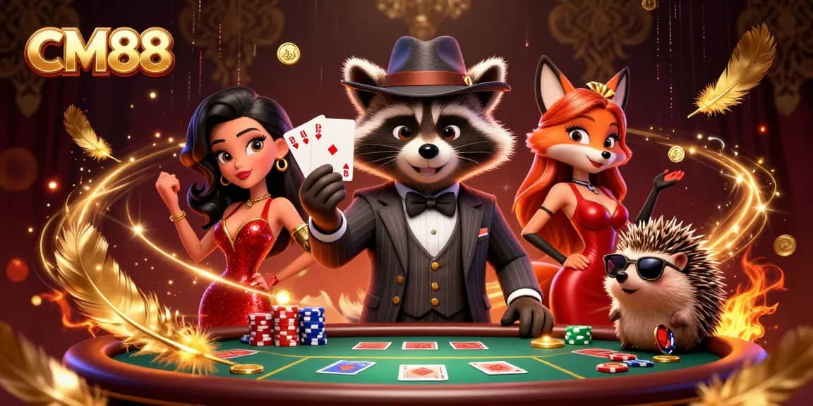 Engage with CM88's exciting poker scene featuring a suave raccoon, fox lady, and hedgehog bouncer.