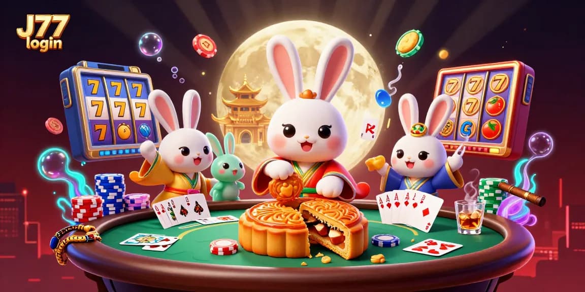 Experience the J77 login process in this vibrant casino-themed illustration with engaging characters and elements.