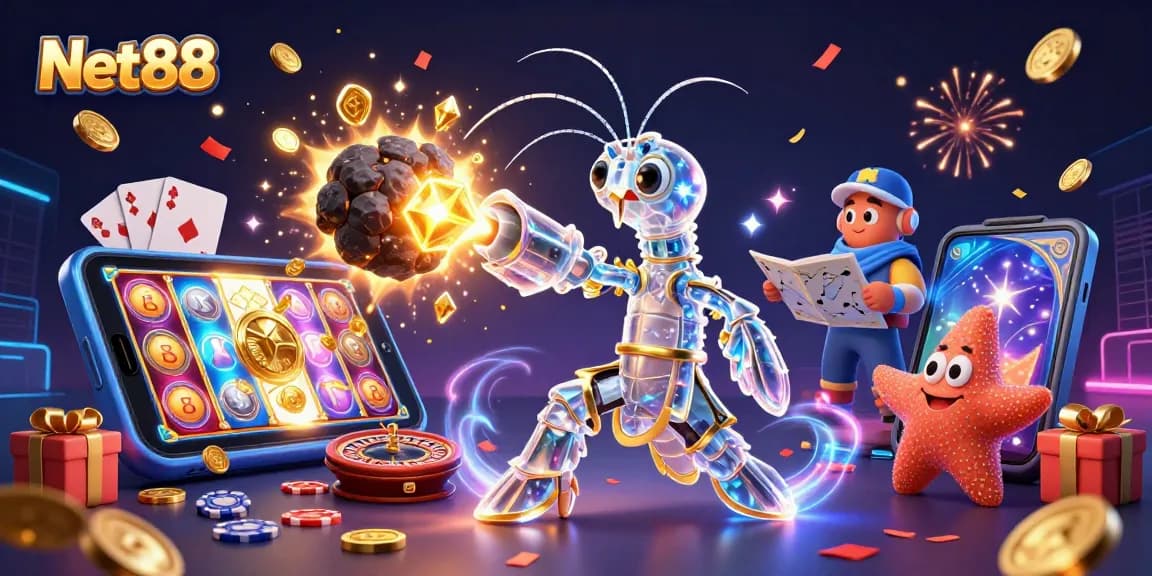 Engage with Net88's dynamic gaming world featuring vibrant characters and casino elements.