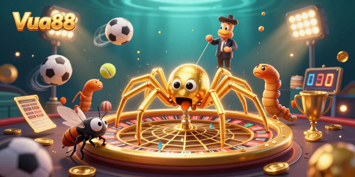 Experience the thrill of Vua88 with a vibrant scene depicting a golden spider and centipede croupier spinning bets.