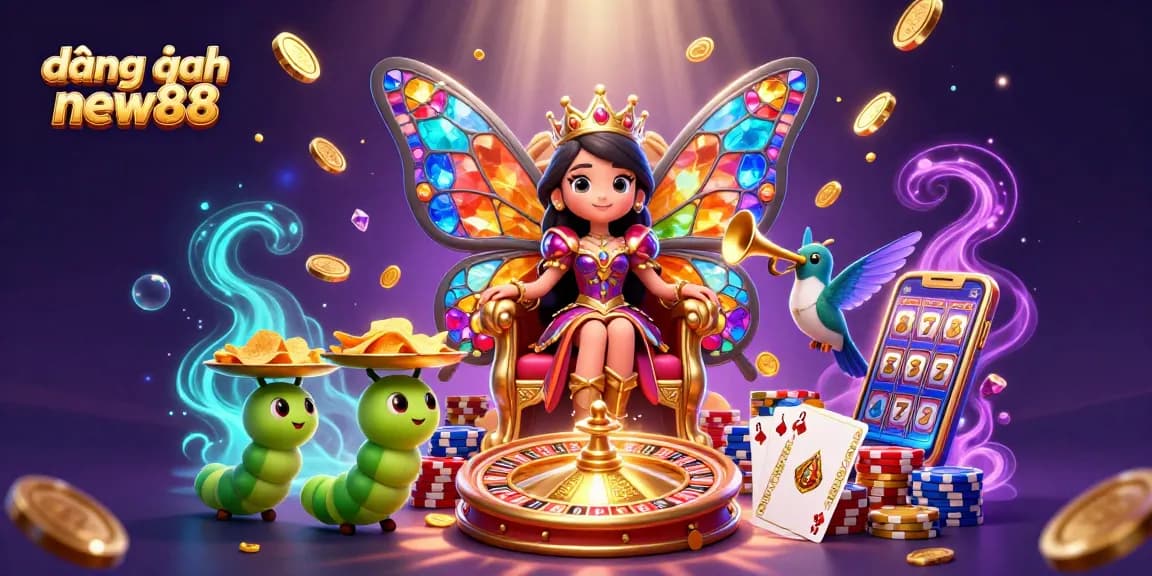 Experience seamless đăng nhập new88 with a vibrant casino illustration showcasing dynamic game elements and enchanting characters.