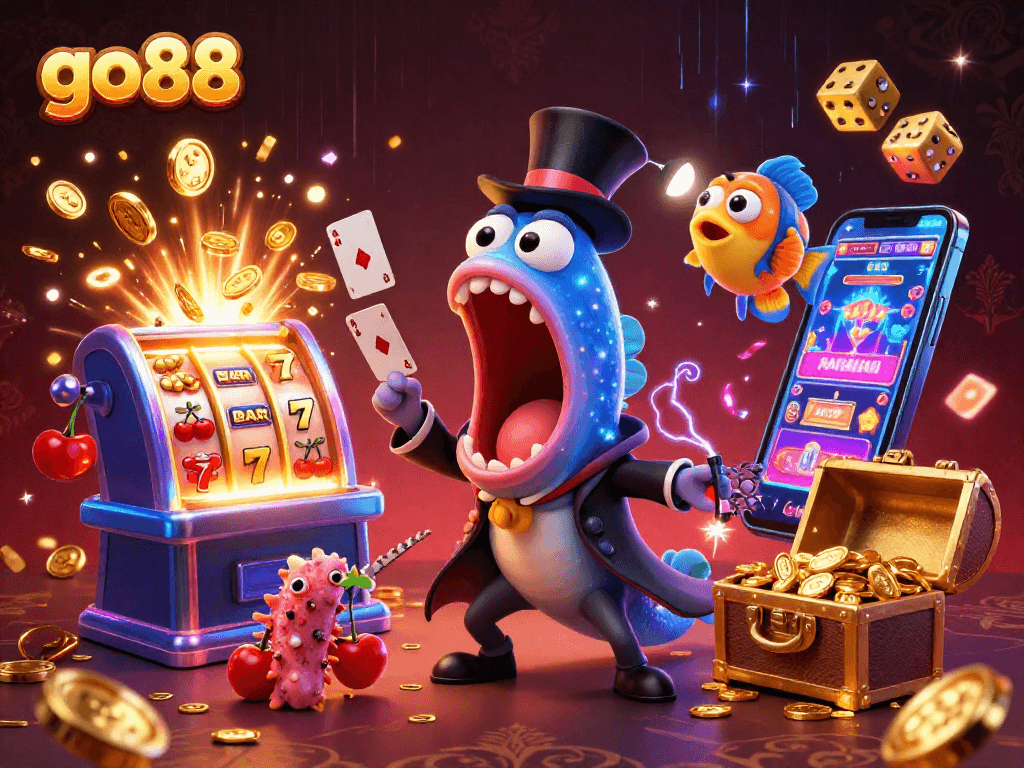 go88 showcases a magical casino scene with cartoon characters performing exciting tricks amid jackpot symbols.